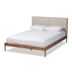 Baxton Studio Aveneil Mid-Century Modern Beige Fabric Upholstered Walnut Finished Queen Size Platform Bed